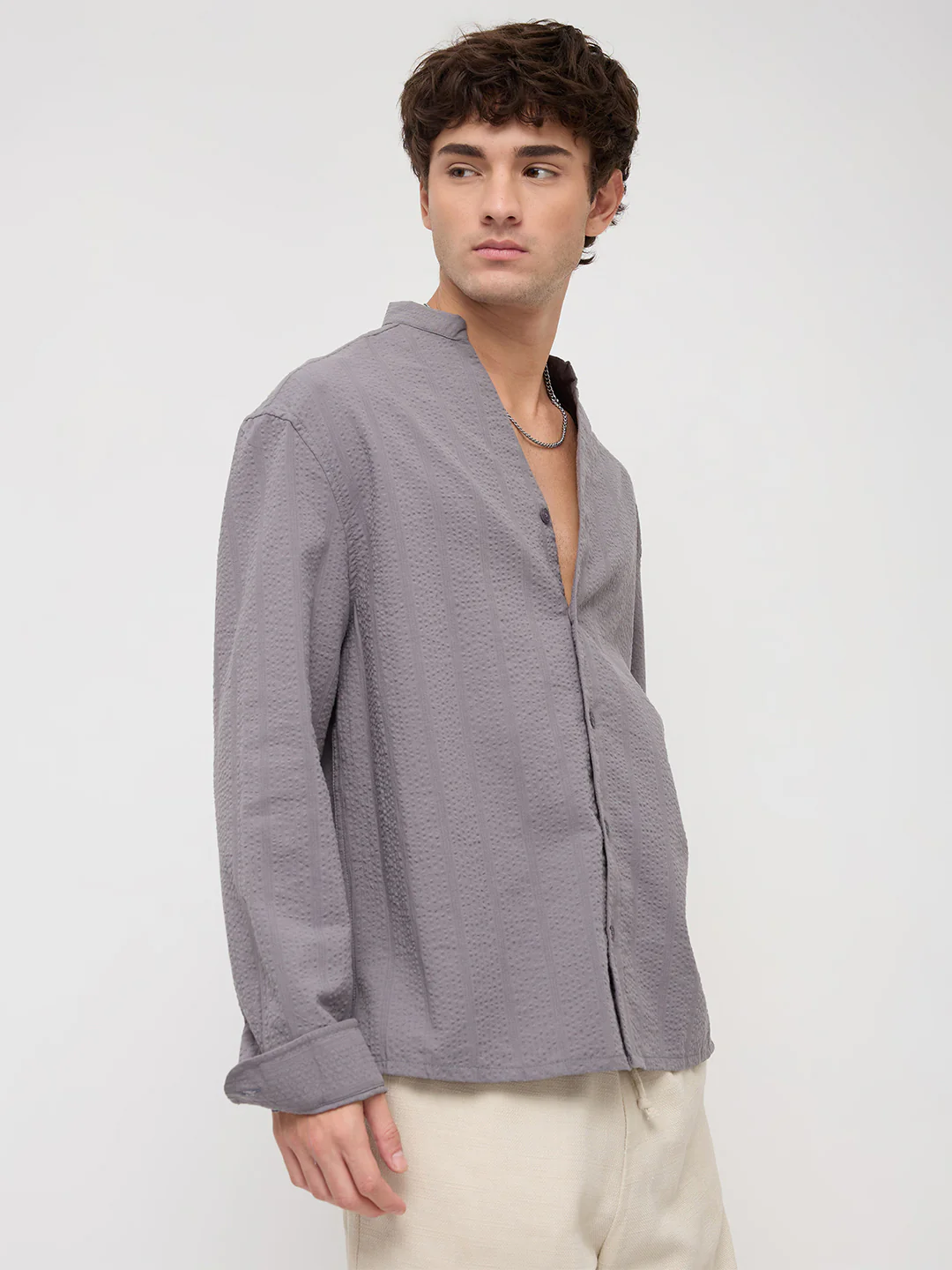 Grey Seersucker Striped Stand Collar Oversized Shirt - Image 6