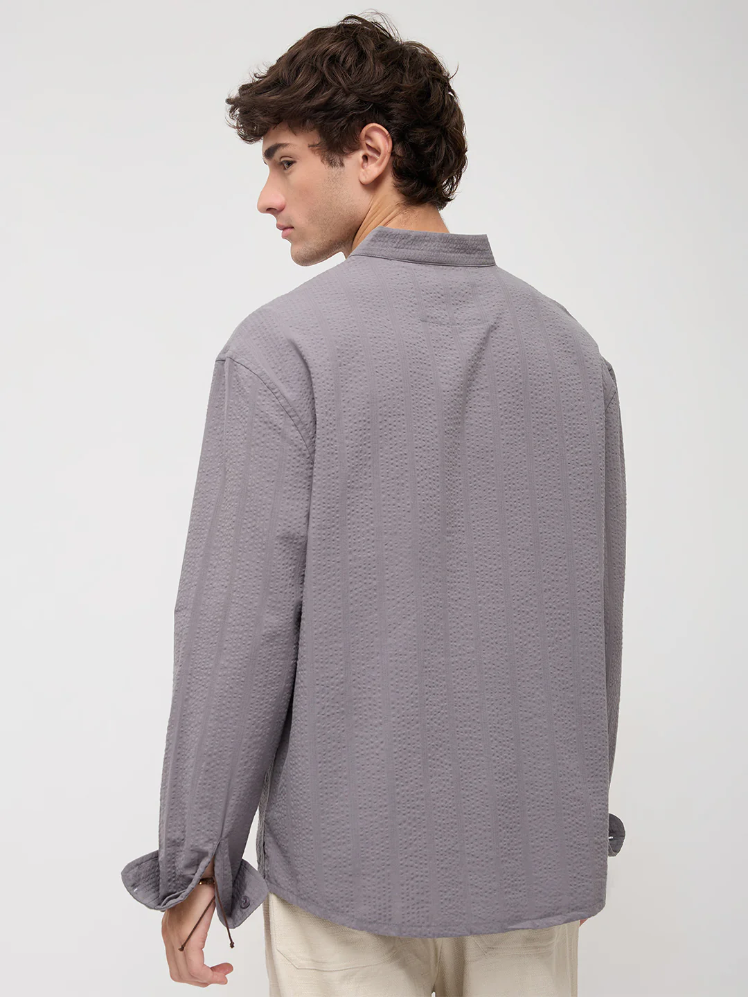 Grey Seersucker Striped Stand Collar Oversized Shirt - Image 7