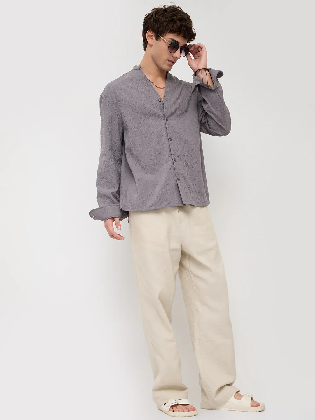 Grey Seersucker Striped Stand Collar Oversized Shirt - Image 8