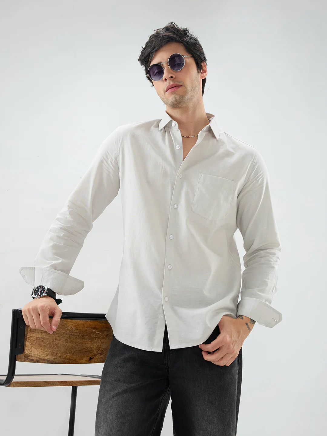 Grey Slub Textured Everyday Shirt - Image 4