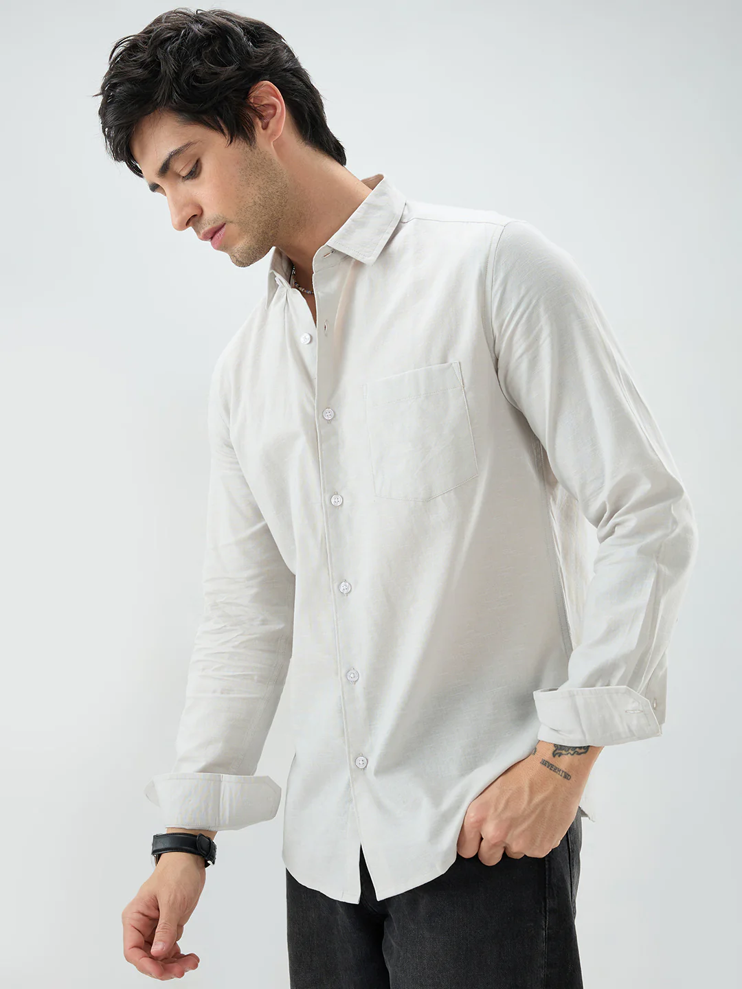 Grey Slub Textured Everyday Shirt - Image 6