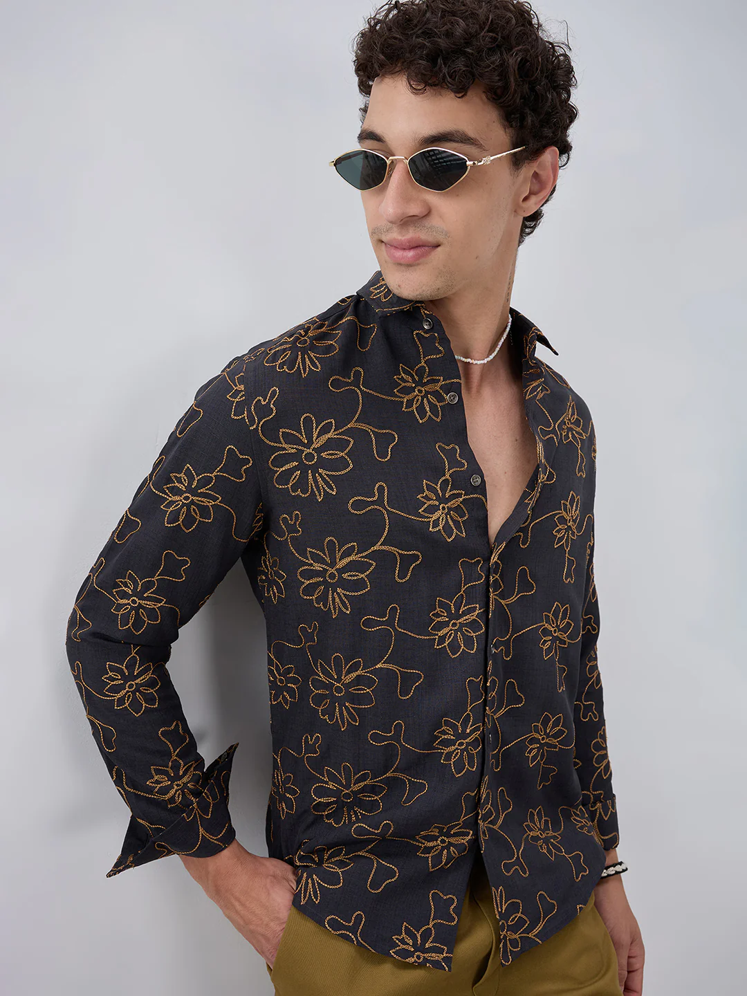 Grey Slub Textured Floral Contrast Embroidered Shirt - Image 2