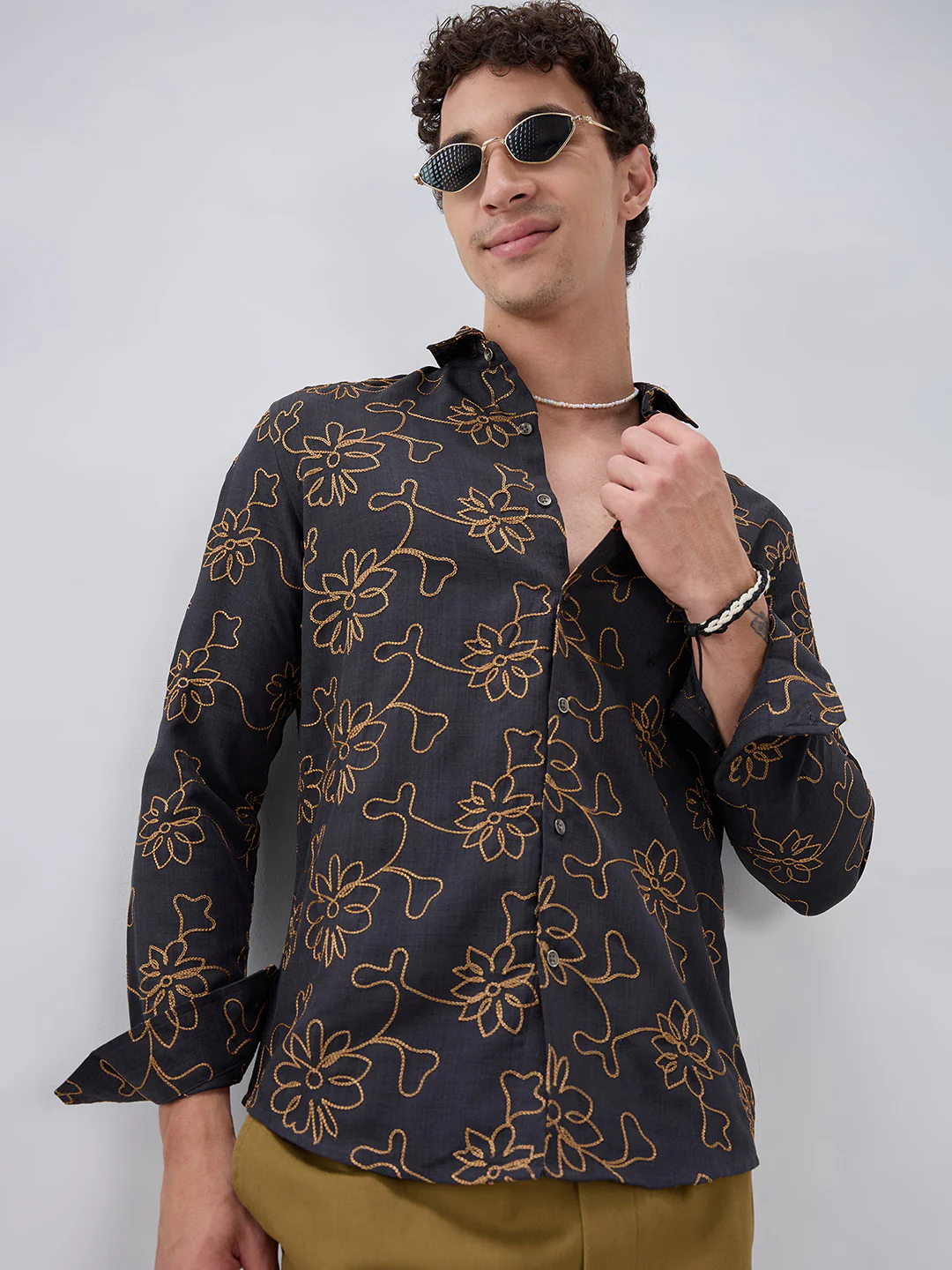 Grey Slub Textured Floral Contrast Embroidered Shirt - Image 4