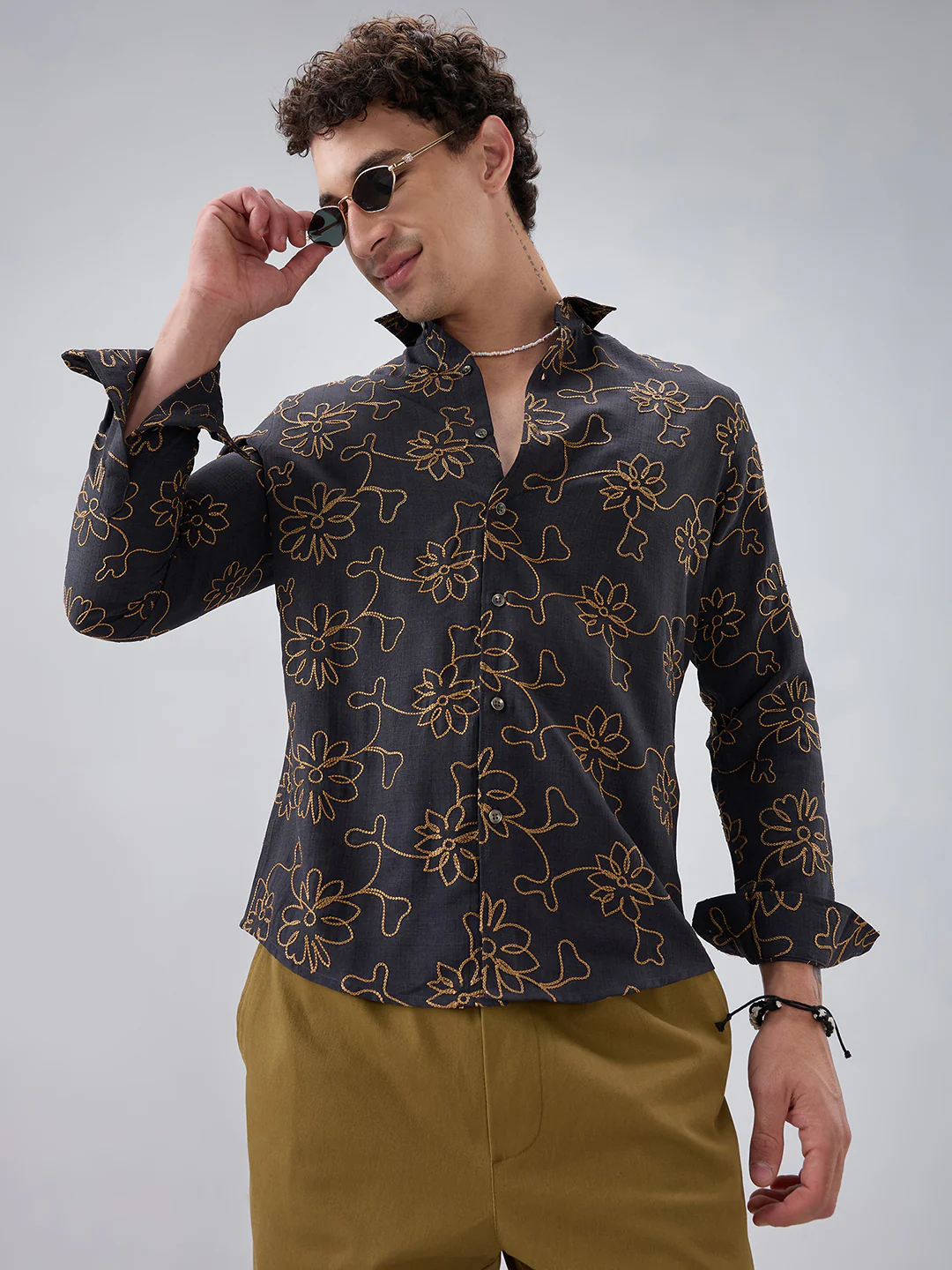 Grey Slub Textured Floral Contrast Embroidered Shirt - Image 5