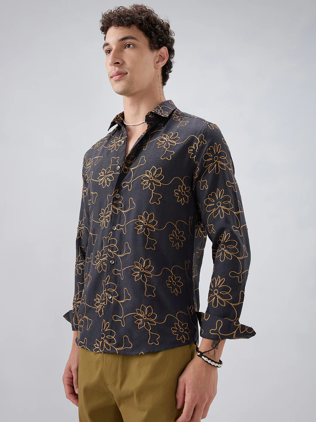 Grey Slub Textured Floral Contrast Embroidered Shirt - Image 6