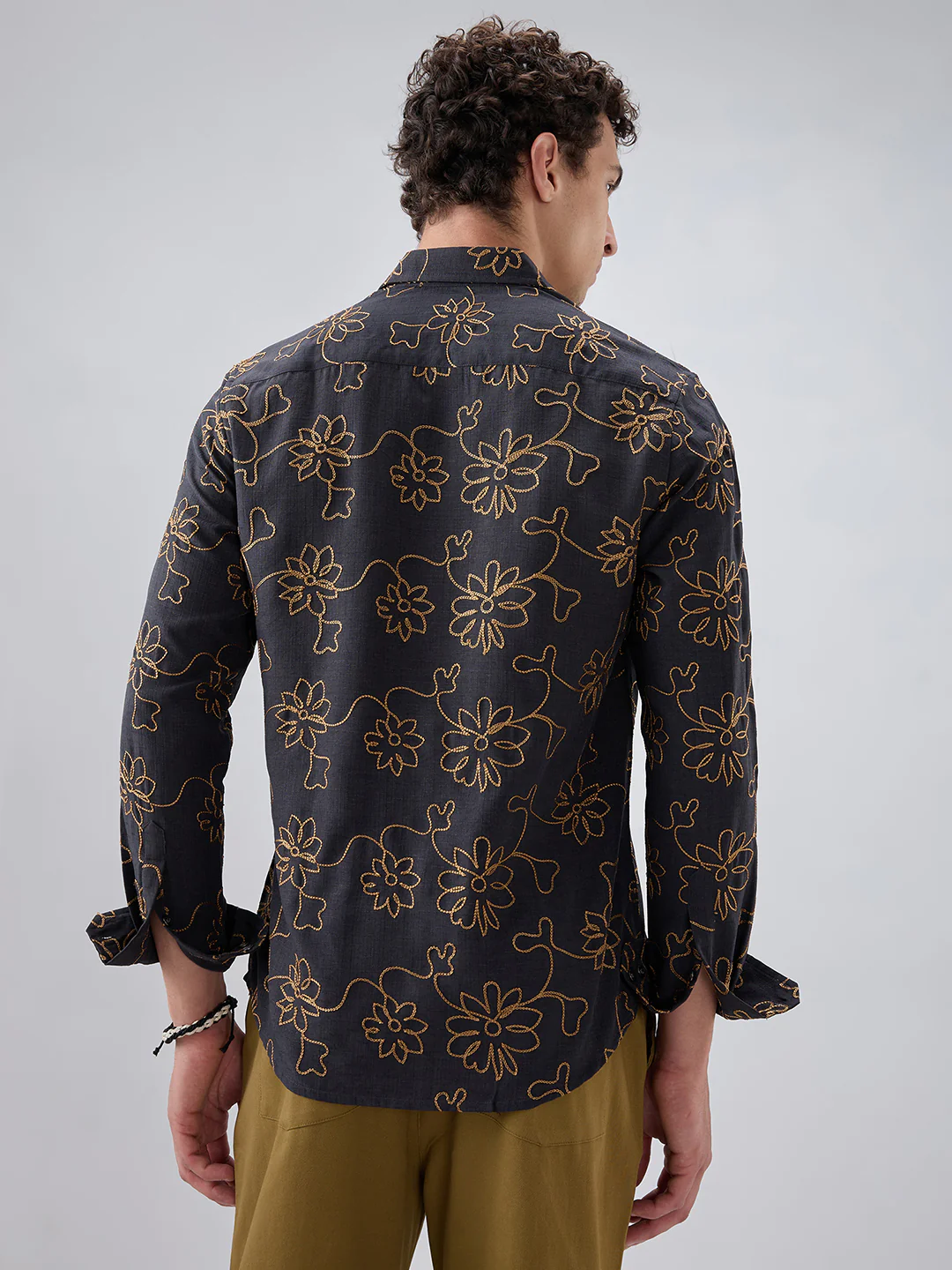 Grey Slub Textured Floral Contrast Embroidered Shirt - Image 7