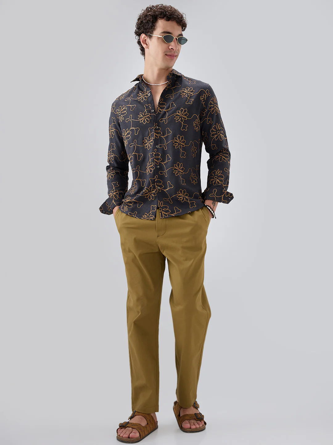 Grey Slub Textured Floral Contrast Embroidered Shirt - Image 8