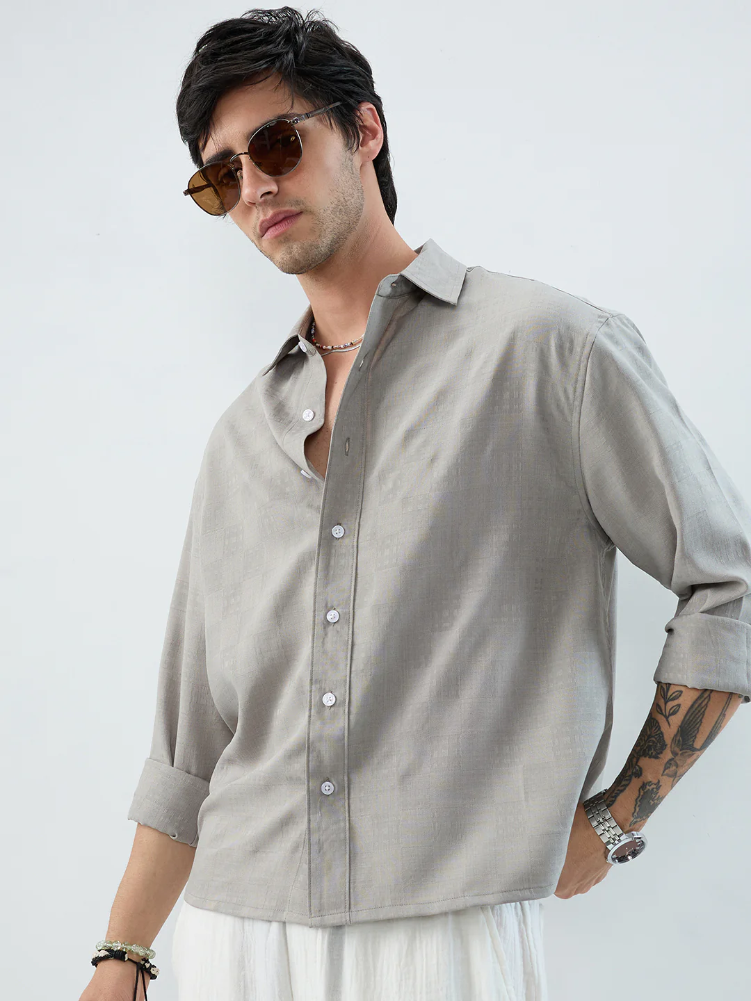 Grey Soft Grid Textured Boxy Fit Crop Shirt - Image 2