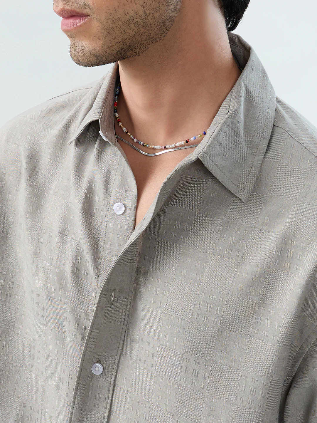 Grey Soft Grid Textured Boxy Fit Crop Shirt - Image 3
