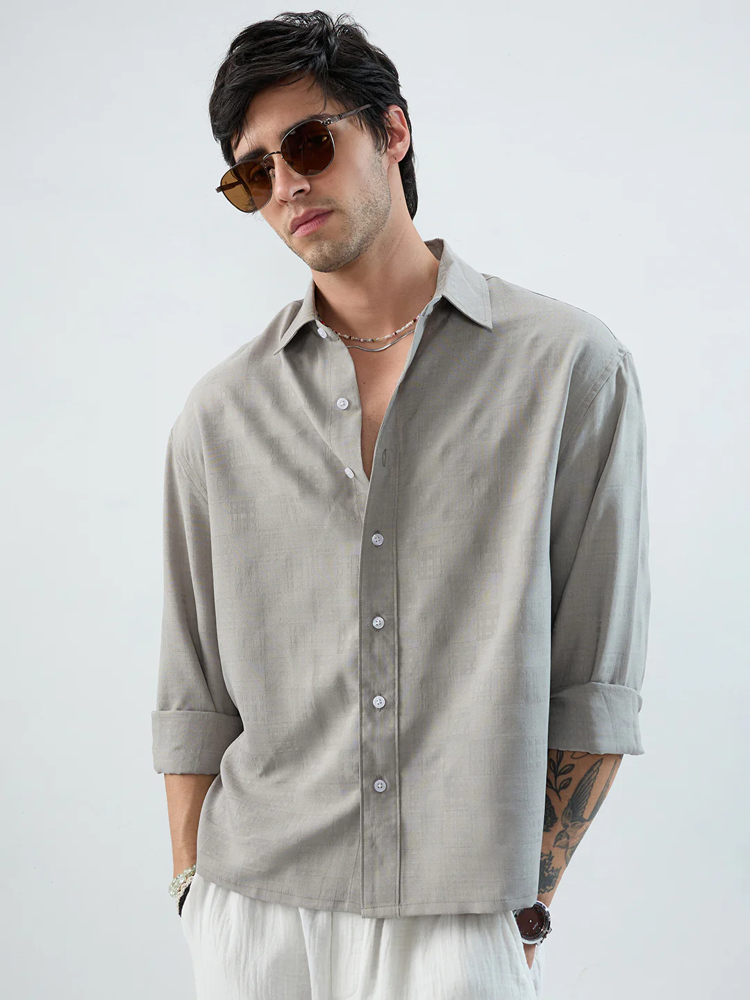 Grey Soft Grid Textured Boxy Fit Crop Shirt - Image 4