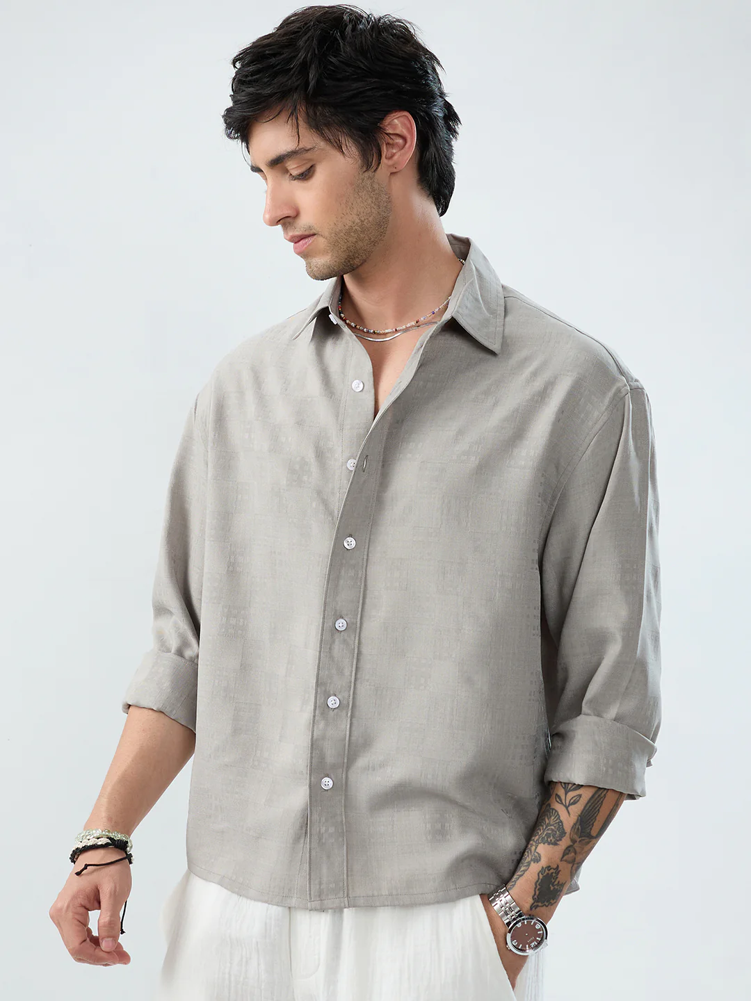 Grey Soft Grid Textured Boxy Fit Crop Shirt - Image 5