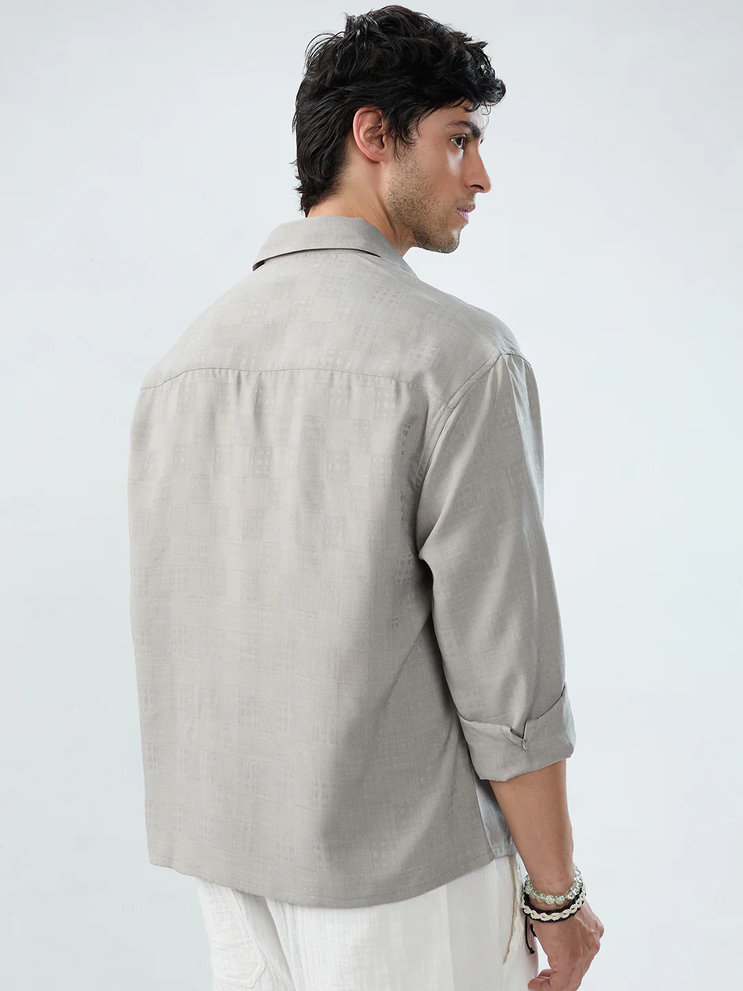 Grey Soft Grid Textured Boxy Fit Crop Shirt - Image 6
