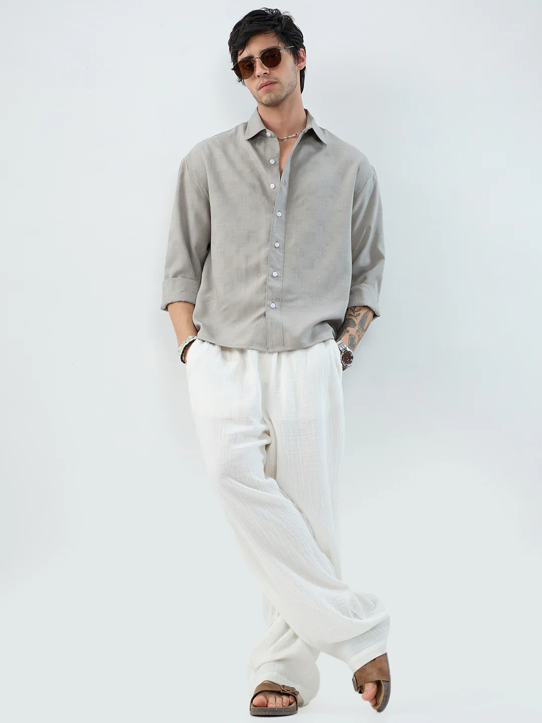 Grey Soft Grid Textured Boxy Fit Crop Shirt - Image 7