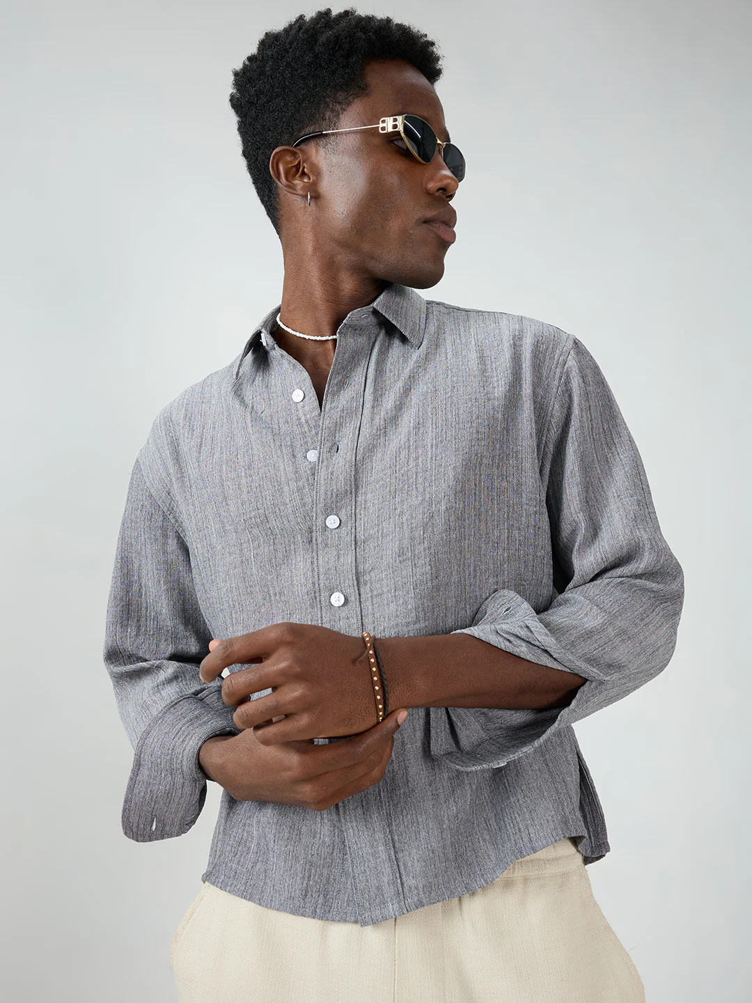 Grey Textured Boxy Fit Crop Shirt - Image 2
