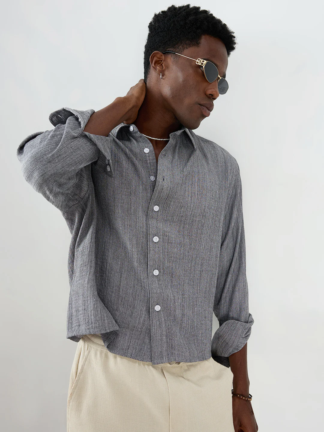 Grey Textured Boxy Fit Crop Shirt - Image 4