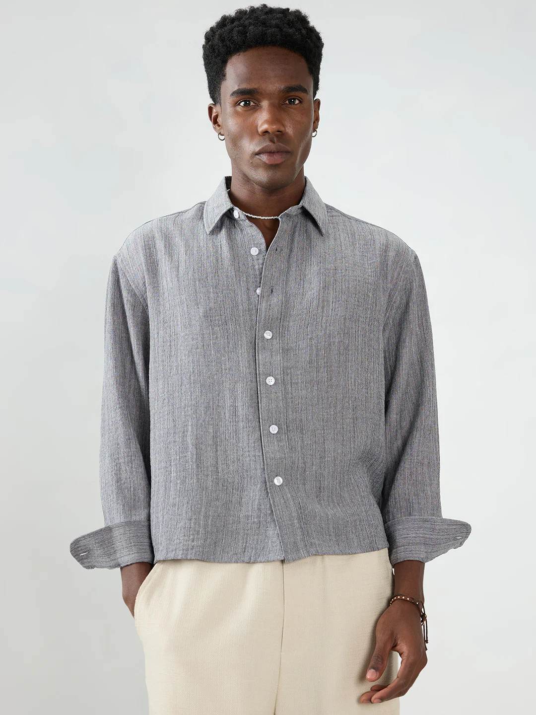 Grey Textured Boxy Fit Crop Shirt - Image 5