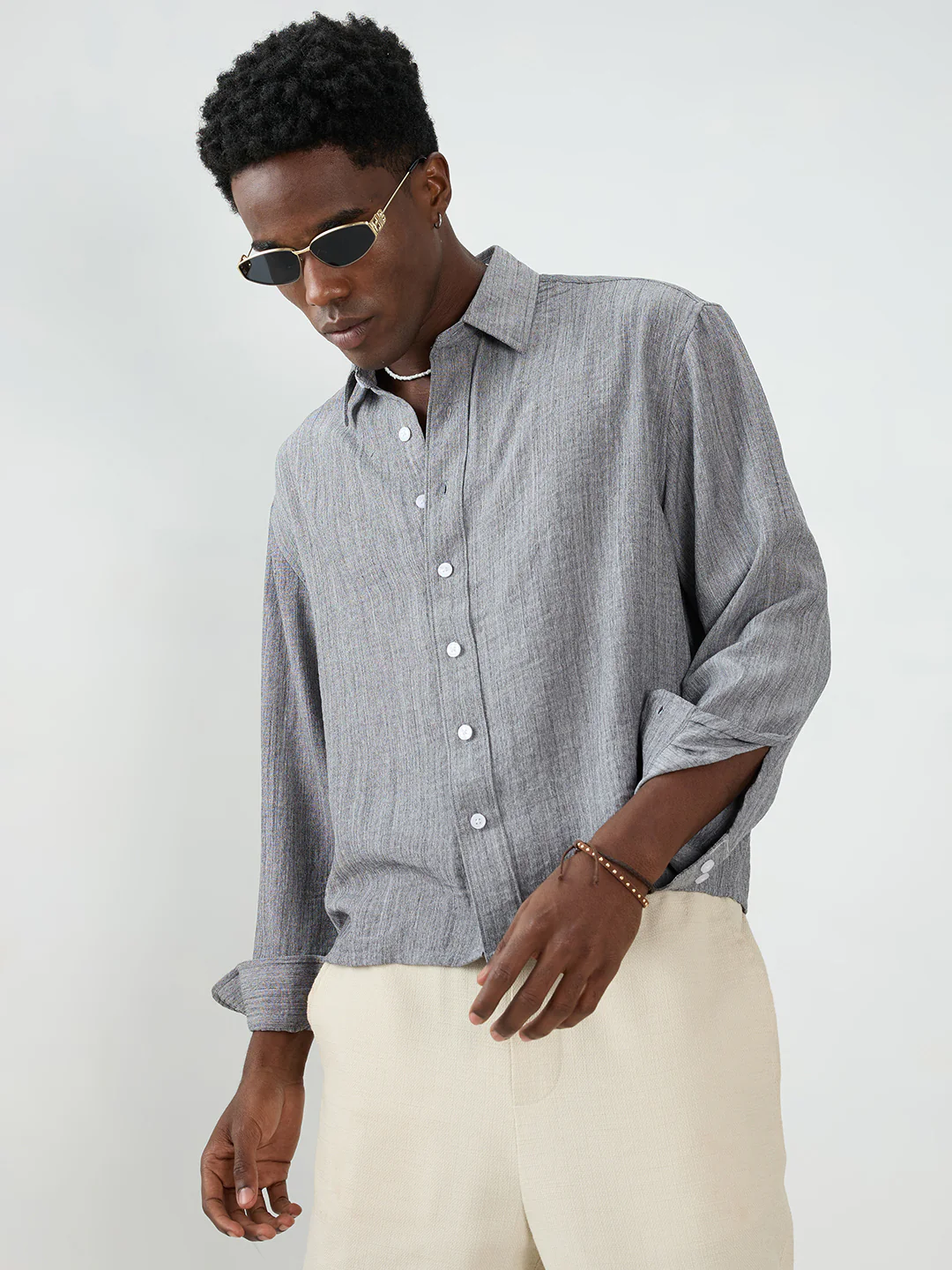 Grey Textured Boxy Fit Crop Shirt - Image 6