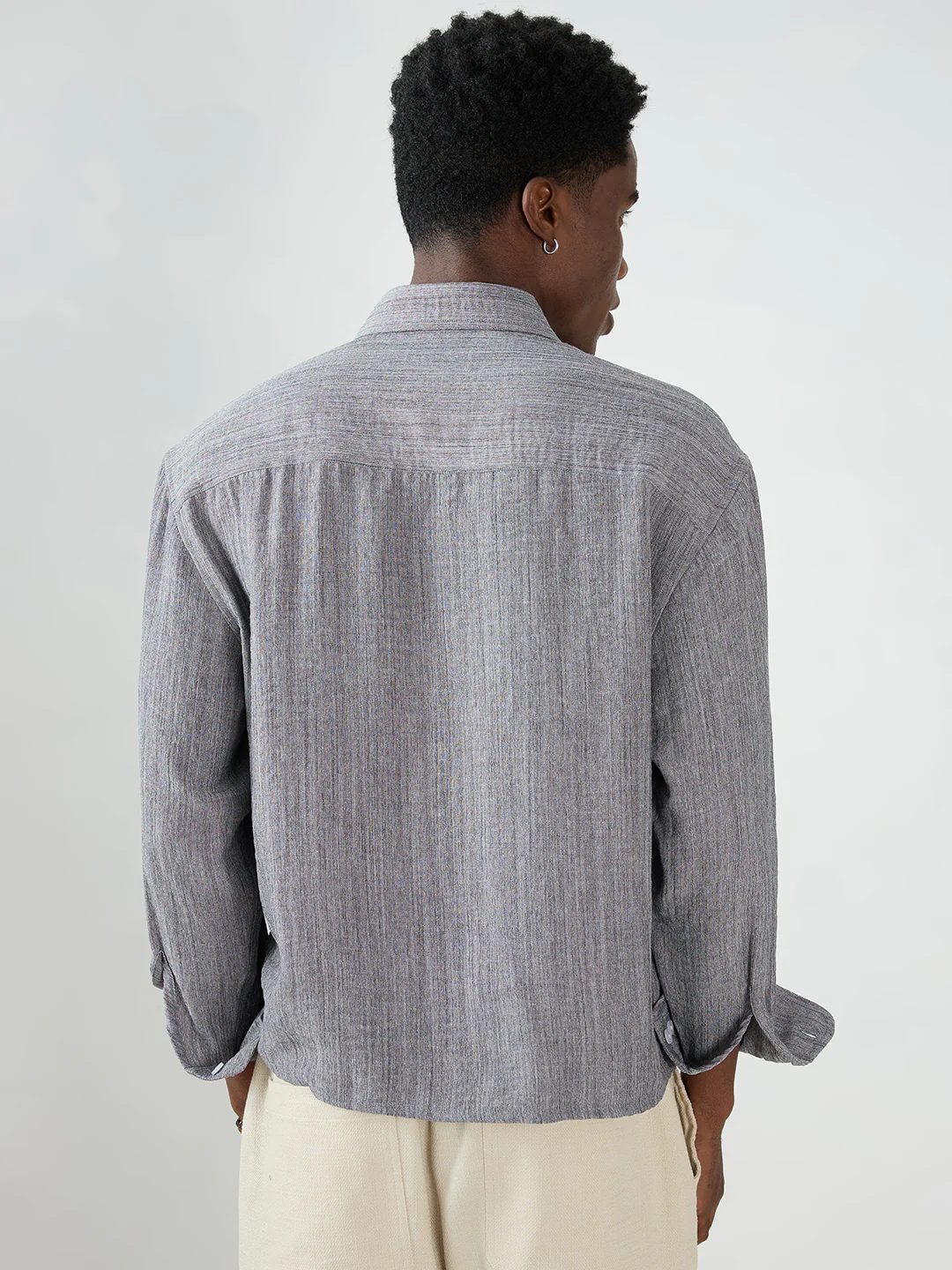 Grey Textured Boxy Fit Crop Shirt - Image 7