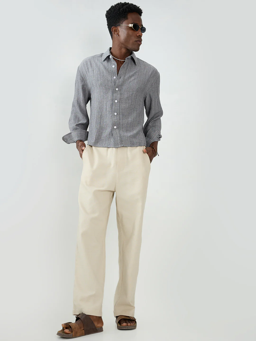 Grey Textured Boxy Fit Crop Shirt - Image 8