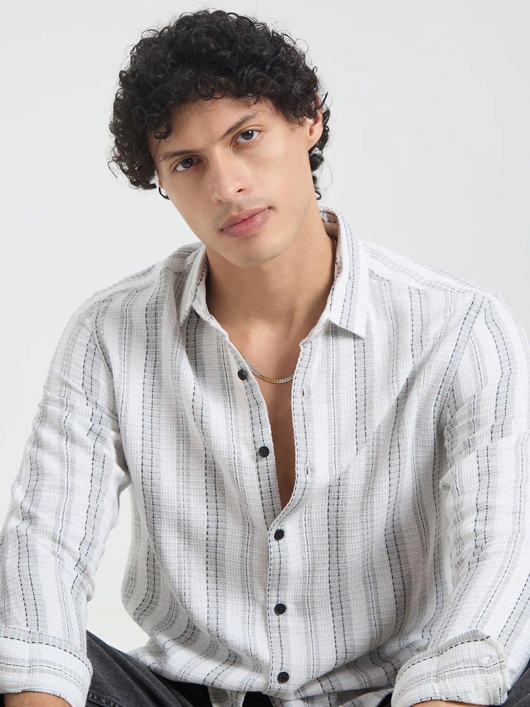 Grey & White Dobby Striped Shirt - Image 2
