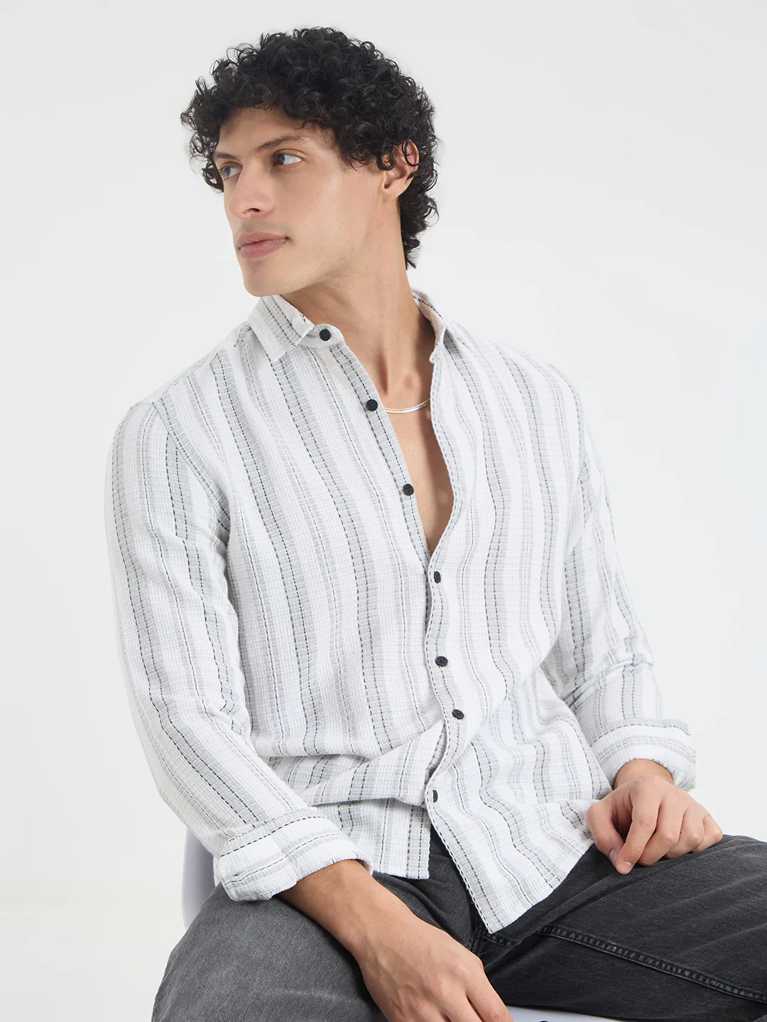 Grey & White Dobby Striped Shirt - Image 4