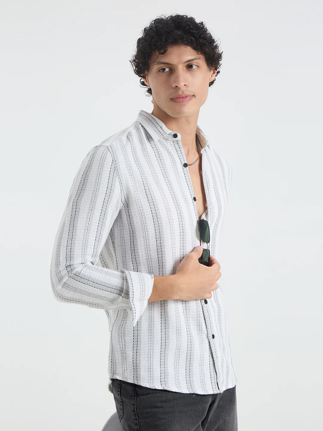 Grey & White Dobby Striped Shirt - Image 5