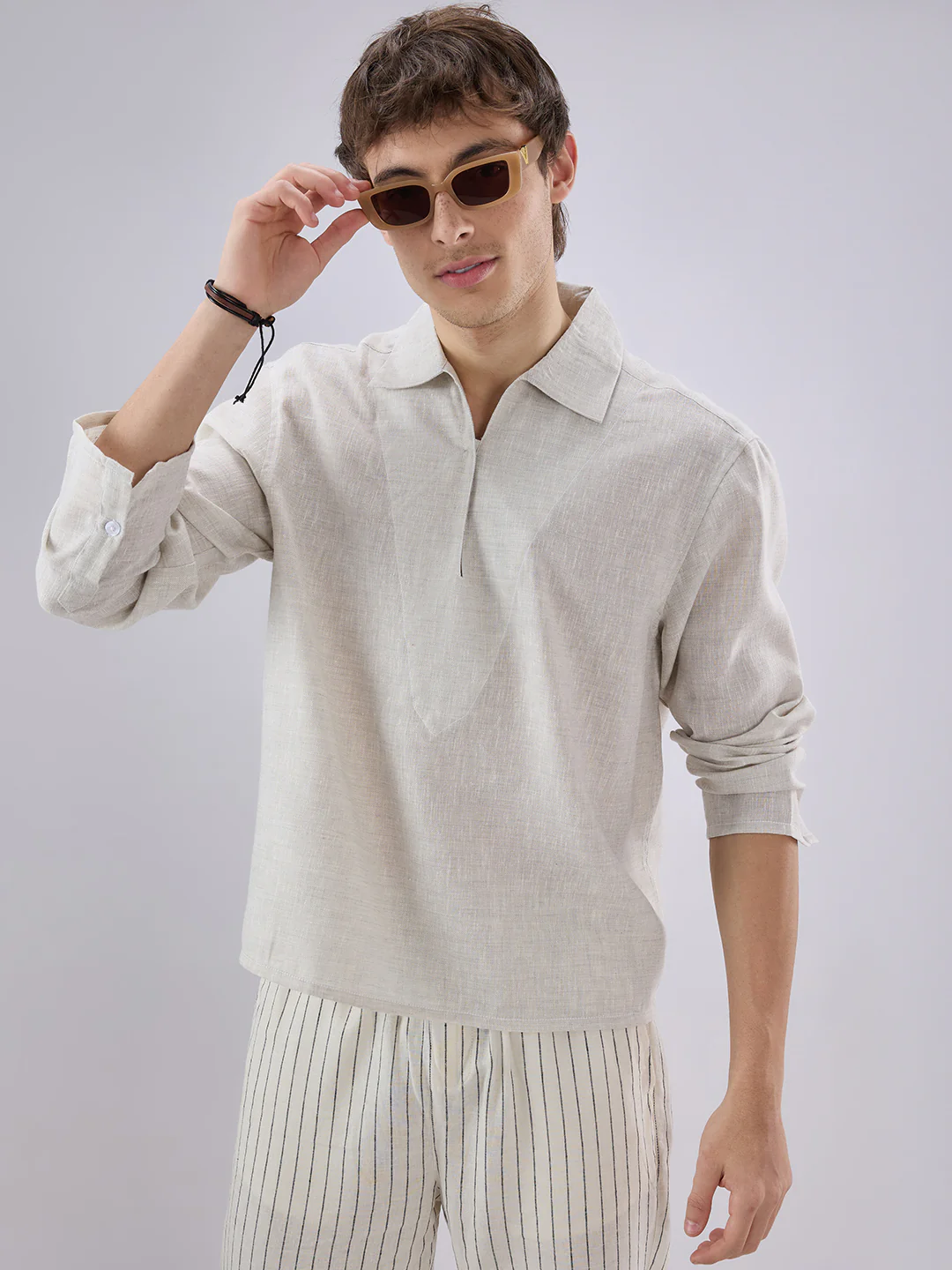 Greyish Green Textured Cuffless Oversized Shirt - Image 2