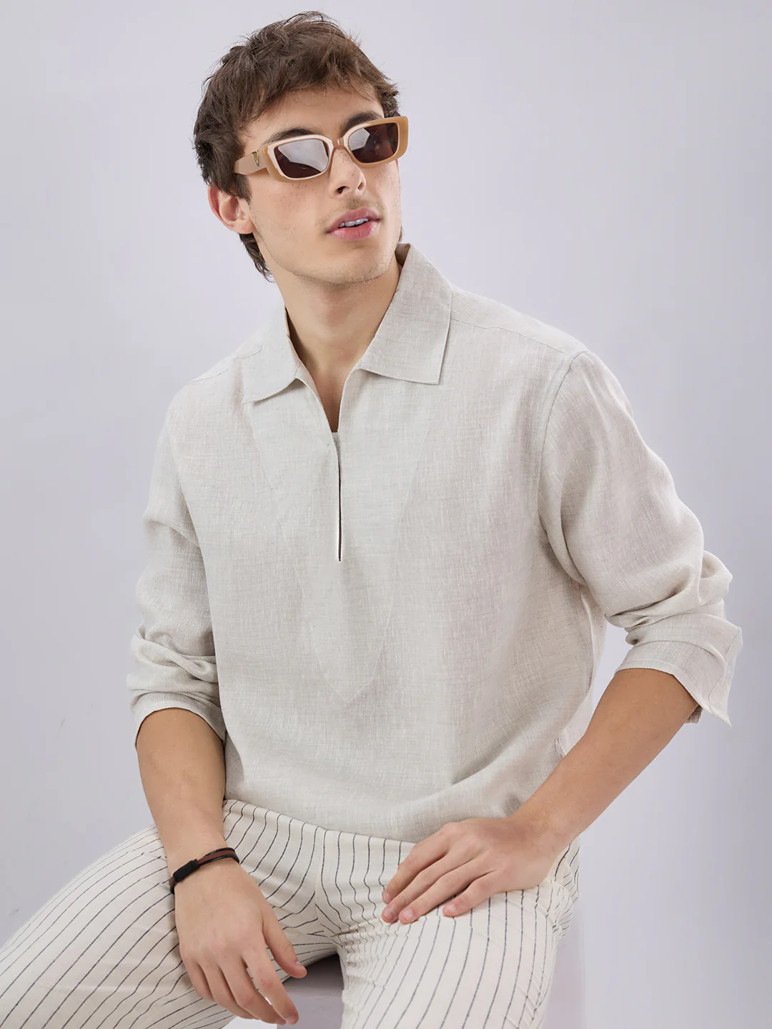 Greyish Green Textured Cuffless Oversized Shirt - Image 4