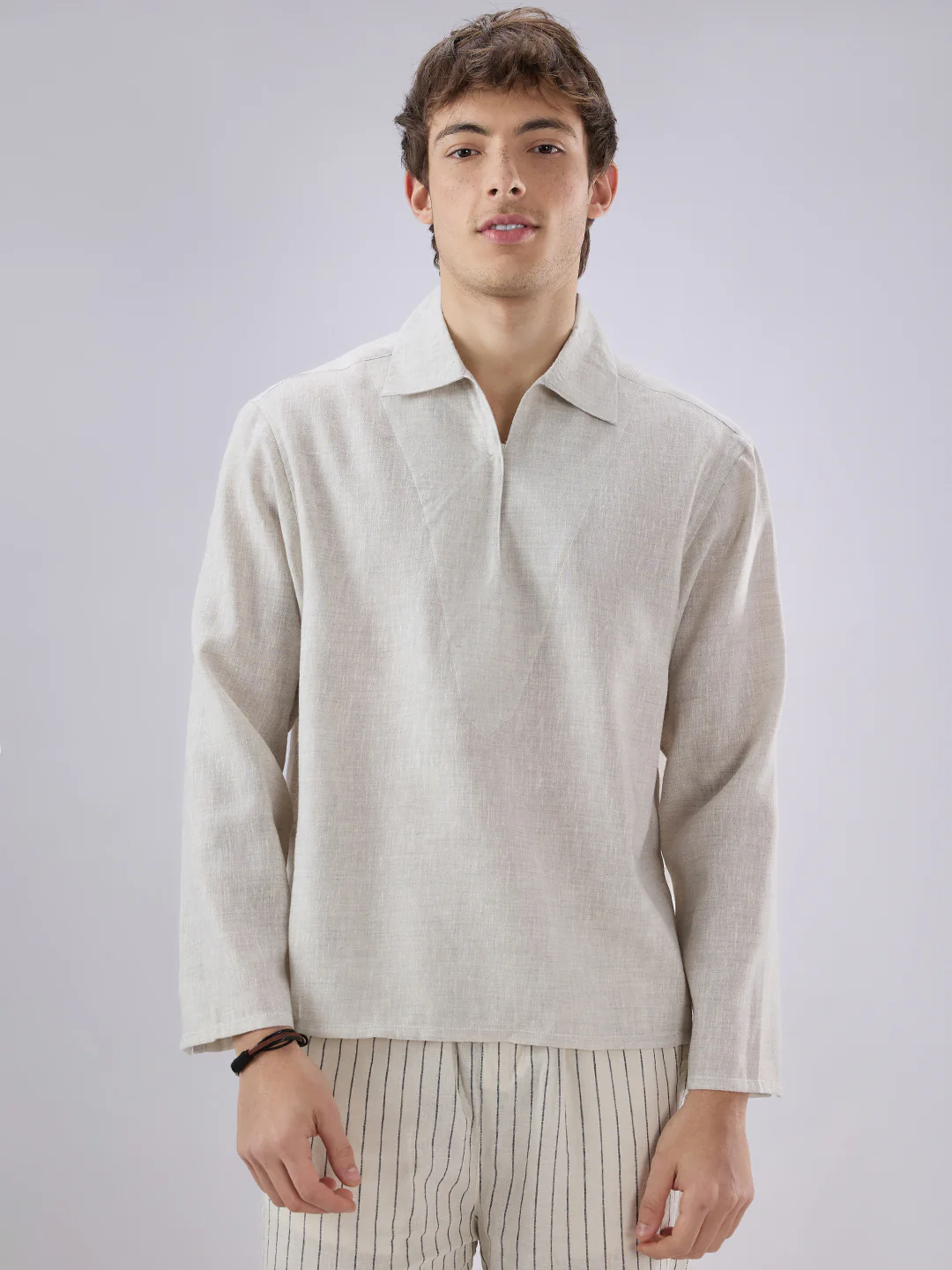 Greyish Green Textured Cuffless Oversized Shirt - Image 5