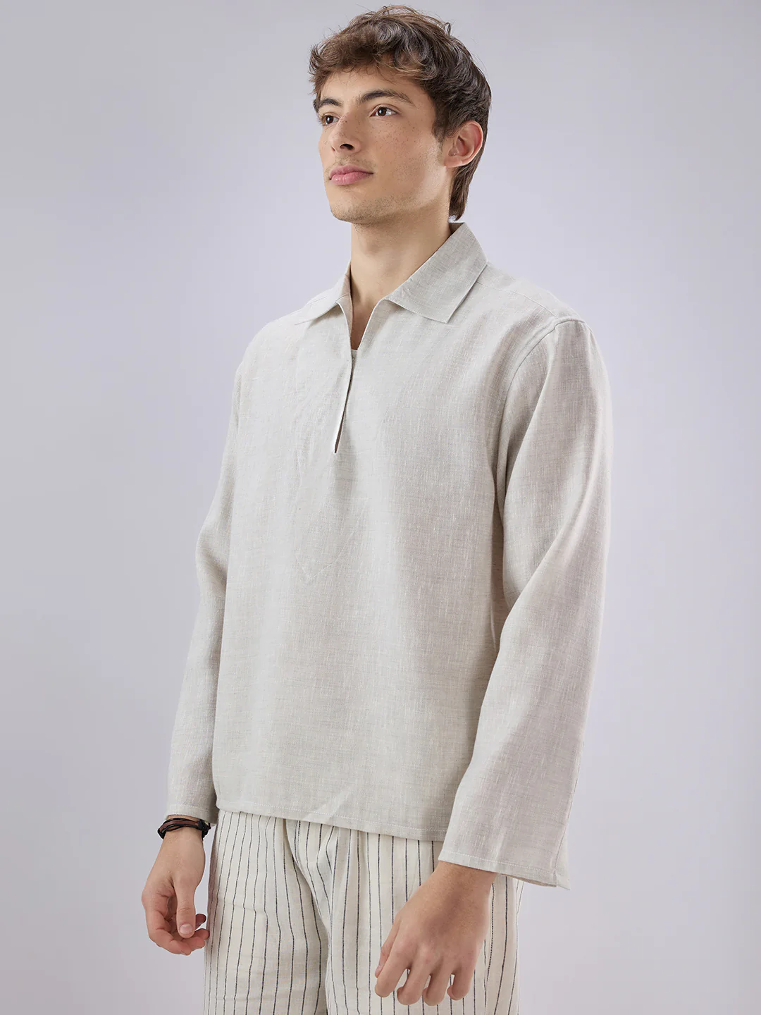 Greyish Green Textured Cuffless Oversized Shirt - Image 6