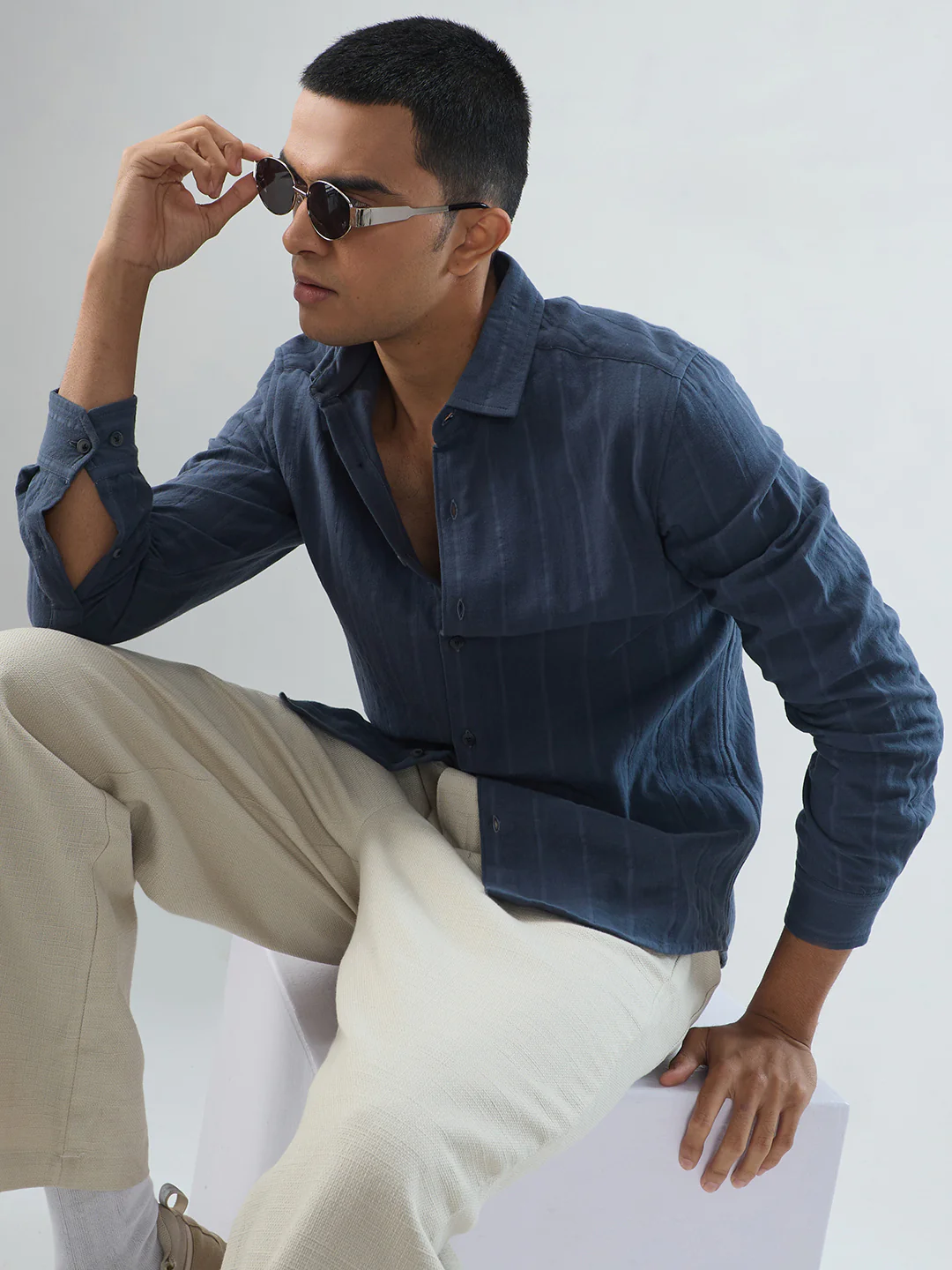 Gunmetal Grey Double Cloth Striped Shirt - Image 2