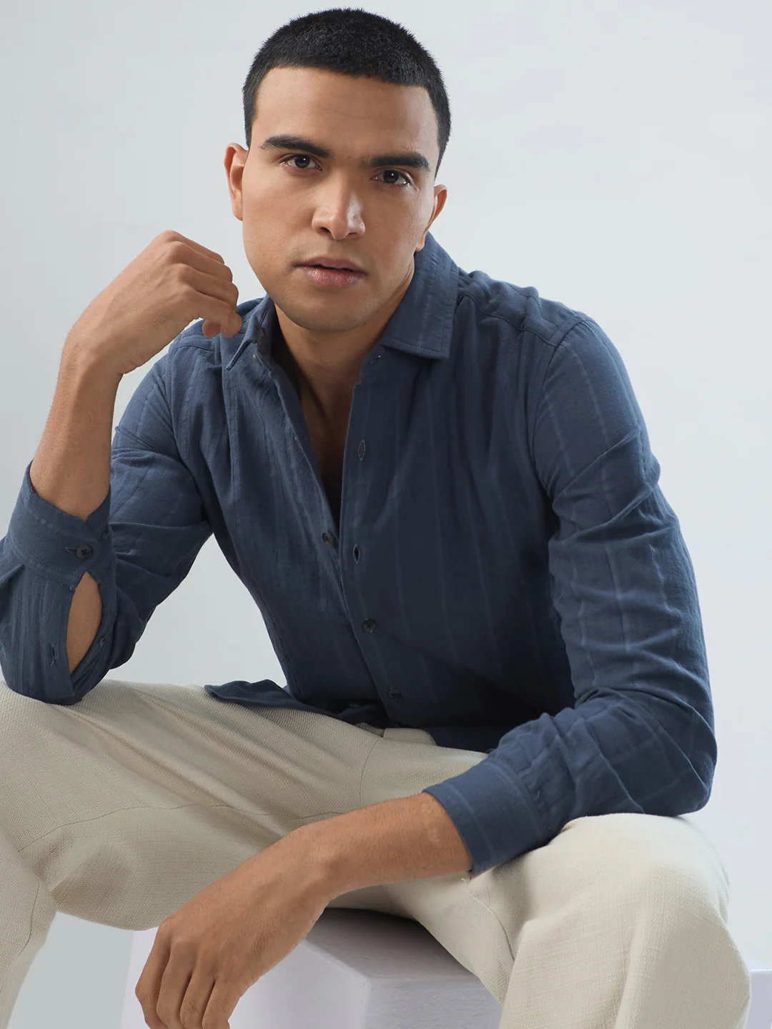 Gunmetal Grey Double Cloth Striped Shirt - Image 4