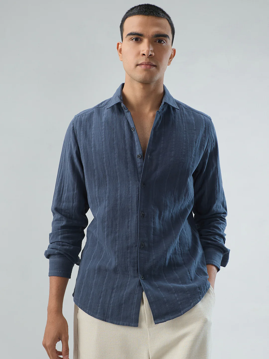 Gunmetal Grey Double Cloth Striped Shirt - Image 5