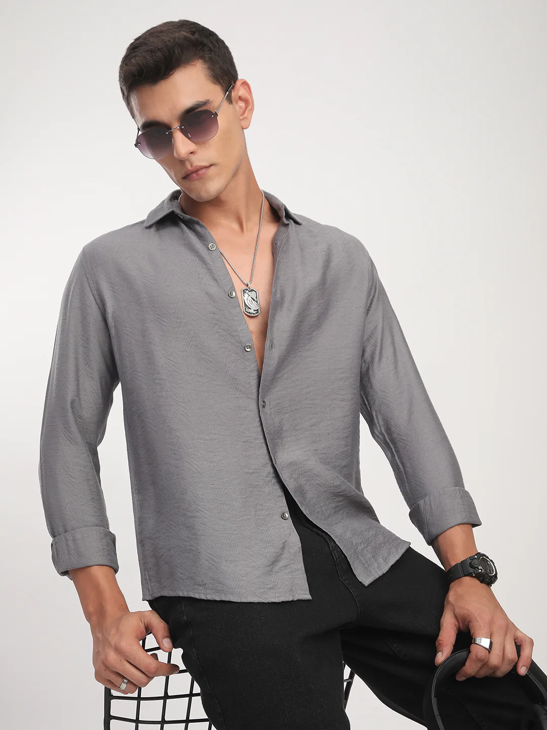 Gunmetal Grey Rhythmic Wave Jacquard Shirt - Image 4