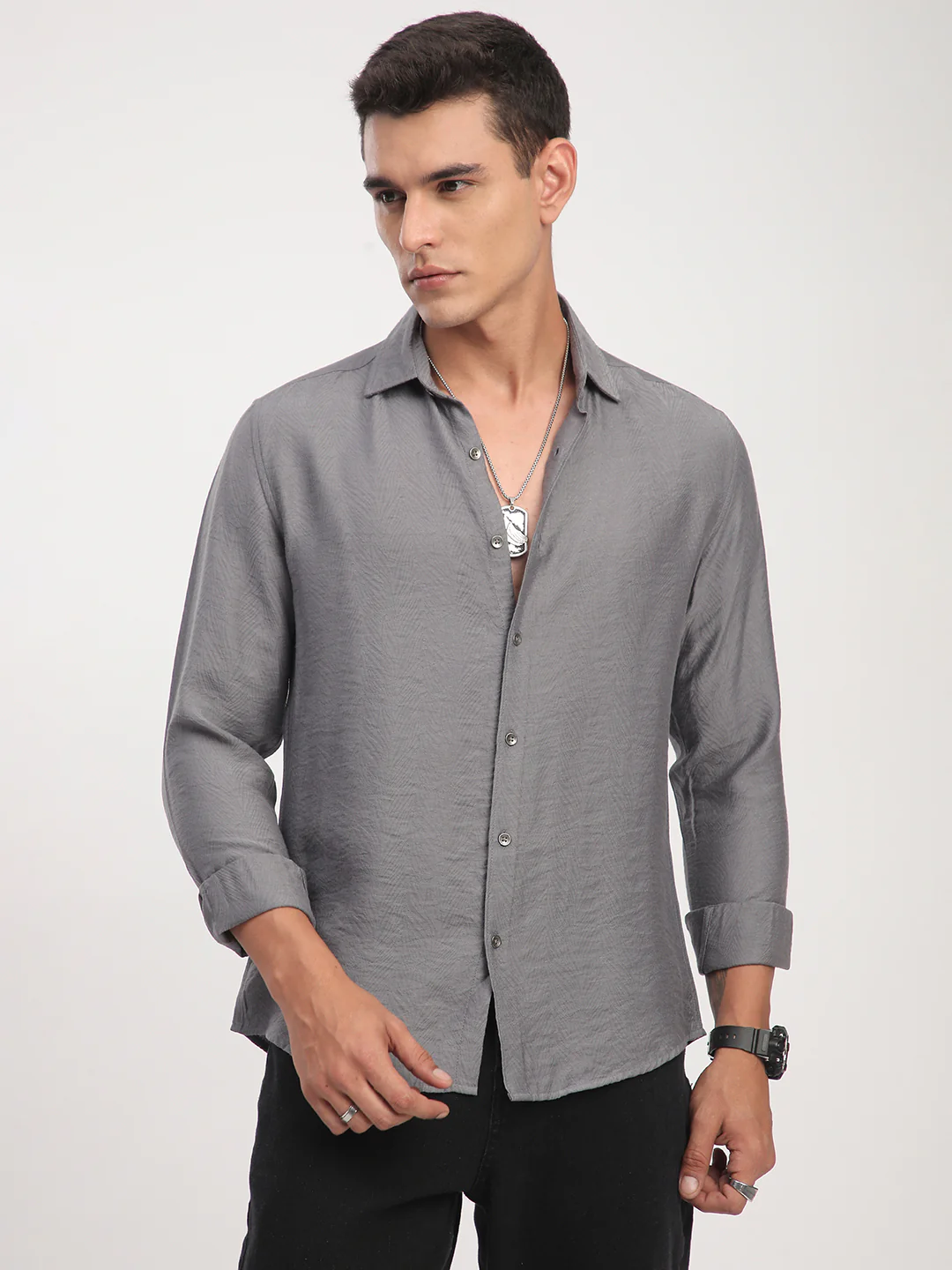 Gunmetal Grey Rhythmic Wave Jacquard Shirt - Image 5