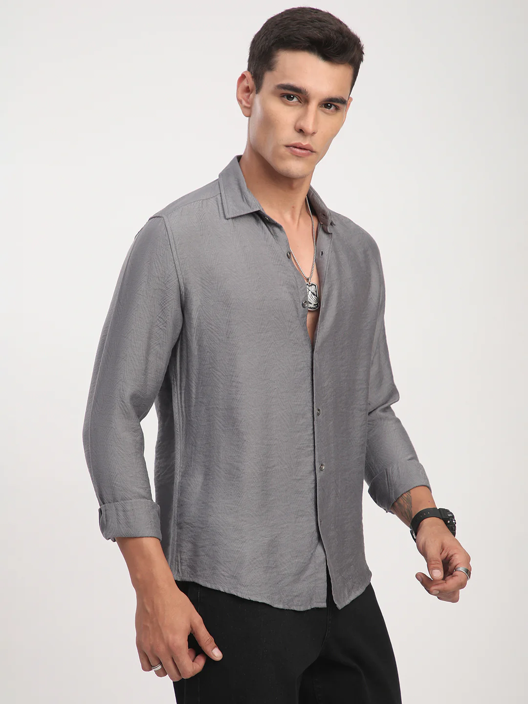Gunmetal Grey Rhythmic Wave Jacquard Shirt - Image 6