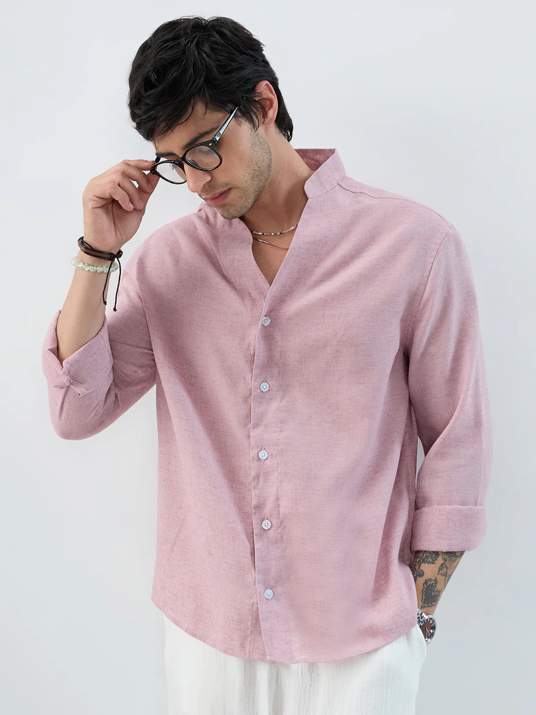 Han Pink Linen Blend Stand-Collar Oversized Shirt - Image 2