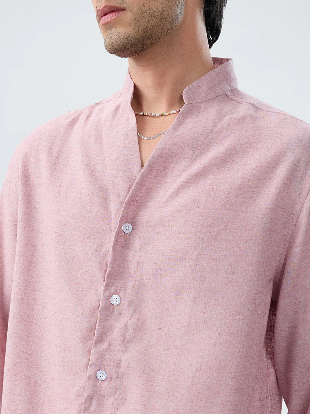 Han Pink Linen Blend Stand-Collar Oversized Shirt - Image 3