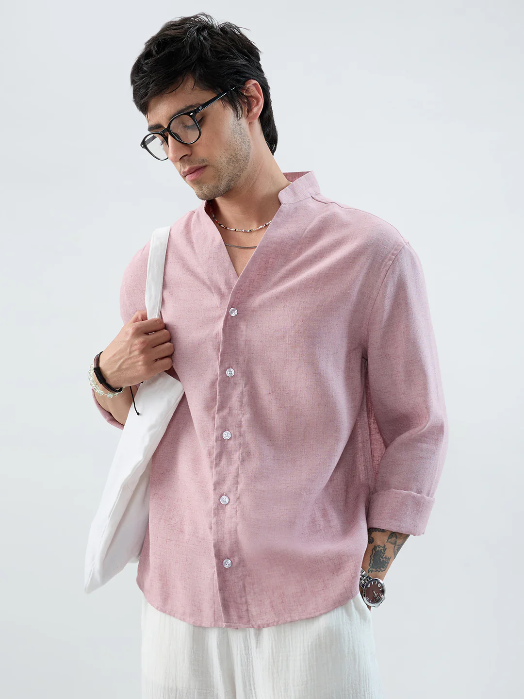 Han Pink Linen Blend Stand-Collar Oversized Shirt - Image 4