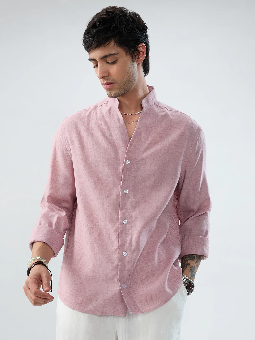 Han Pink Linen Blend Stand-Collar Oversized Shirt - Image 5