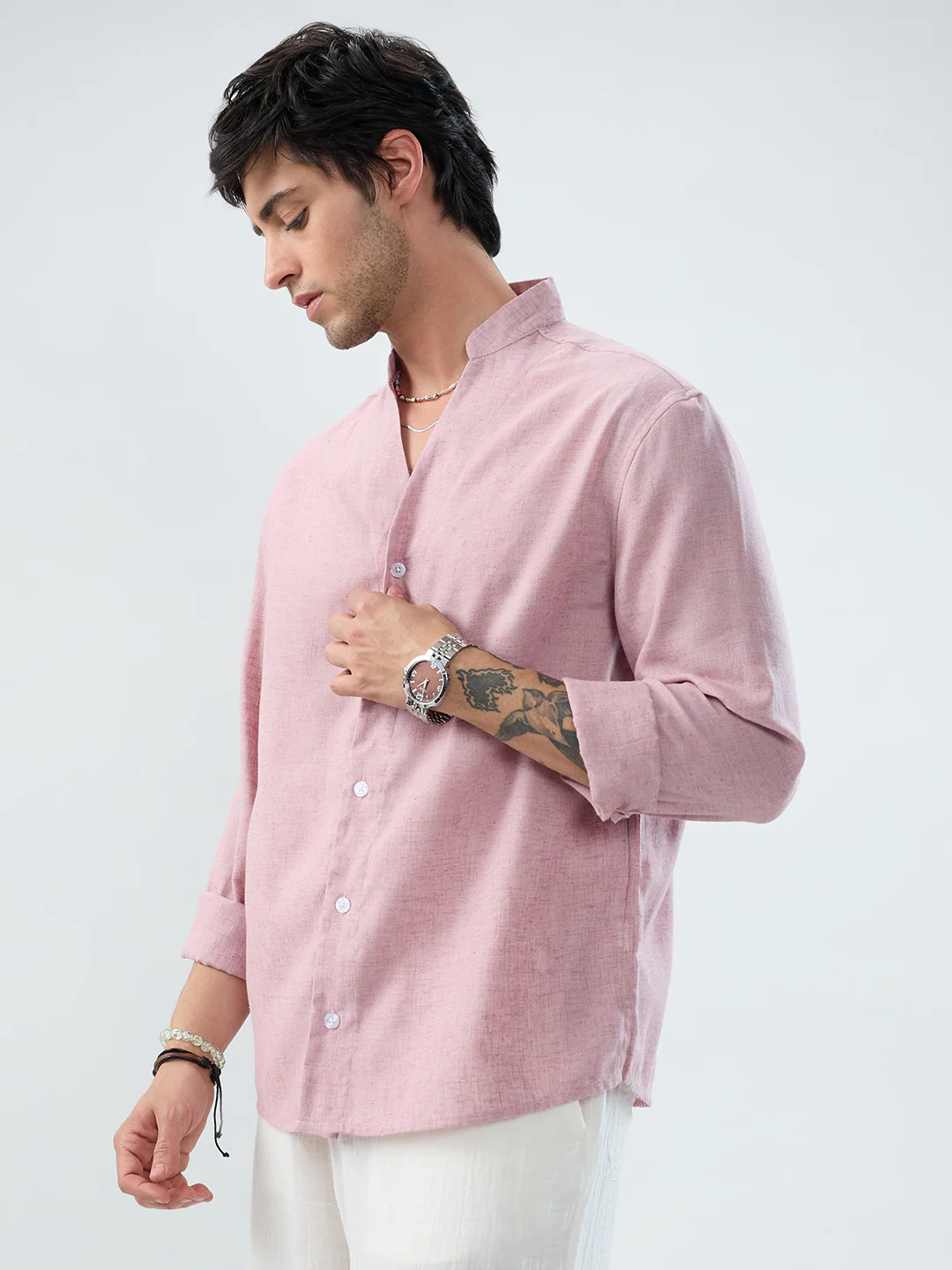 Han Pink Linen Blend Stand-Collar Oversized Shirt - Image 6