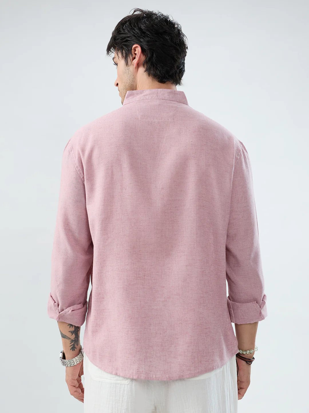Han Pink Linen Blend Stand-Collar Oversized Shirt - Image 7