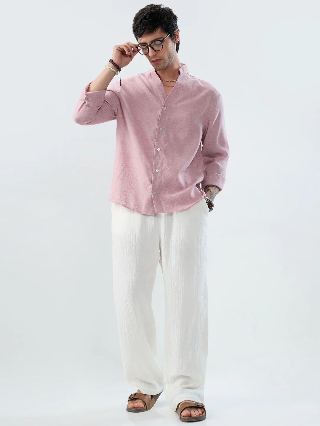 Han Pink Linen Blend Stand-Collar Oversized Shirt - Image 8