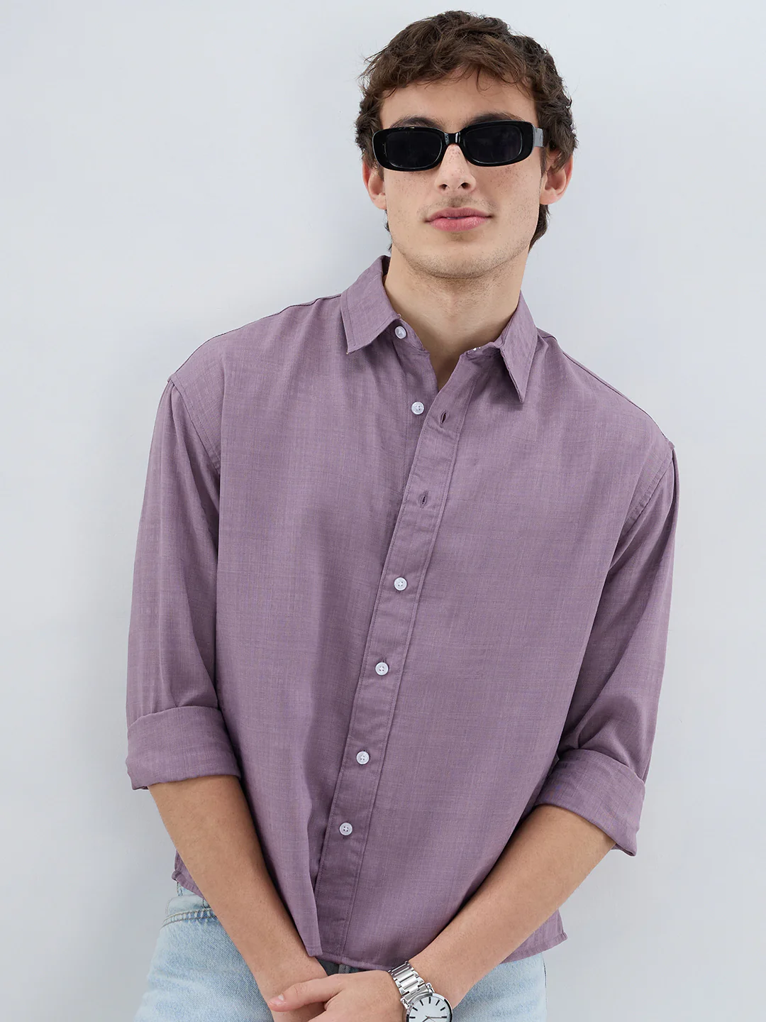 Heather Purple Soft Grid Textured Boxy Fit Crop Shirt - Image 2