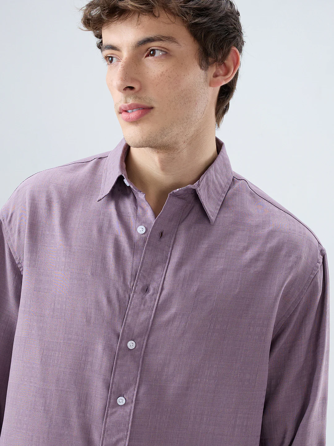 Heather Purple Soft Grid Textured Boxy Fit Crop Shirt - Image 3
