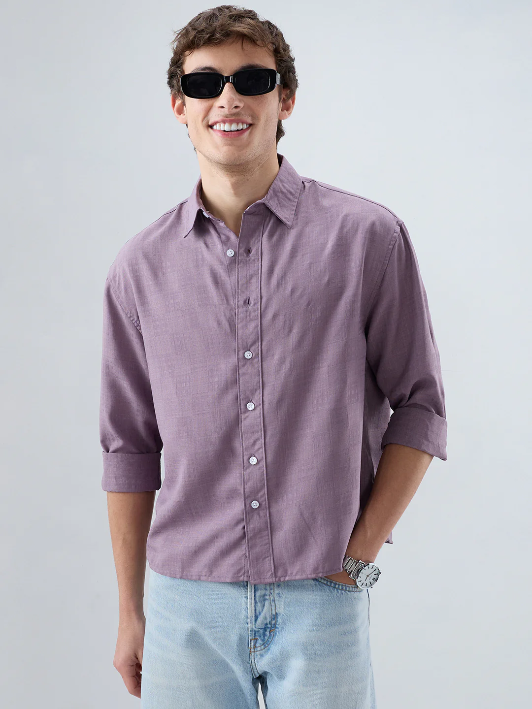 Heather Purple Soft Grid Textured Boxy Fit Crop Shirt - Image 4