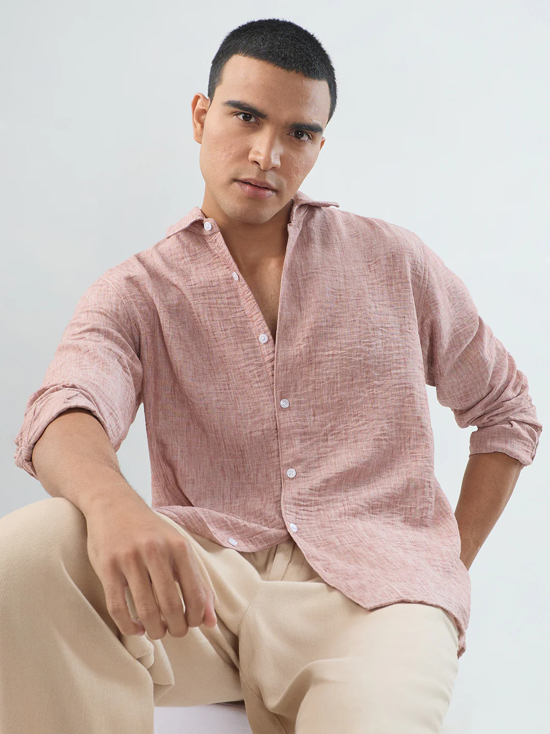 Heathered Taupe Fine-Weave Crinkled Shirt - Image 3