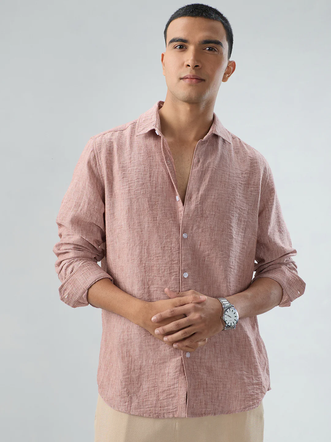 Heathered Taupe Fine-Weave Crinkled Shirt - Image 4