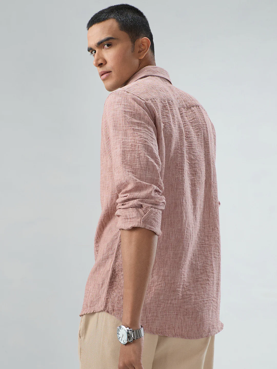 Heathered Taupe Fine-Weave Crinkled Shirt - Image 6