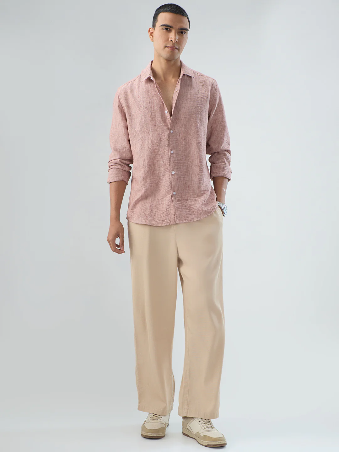 Heathered Taupe Fine-Weave Crinkled Shirt - Image 7